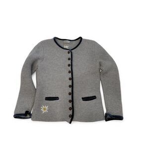 Women's Grey Cashmere Cardigan with edelweiss motif & cute buttons, velvet trim